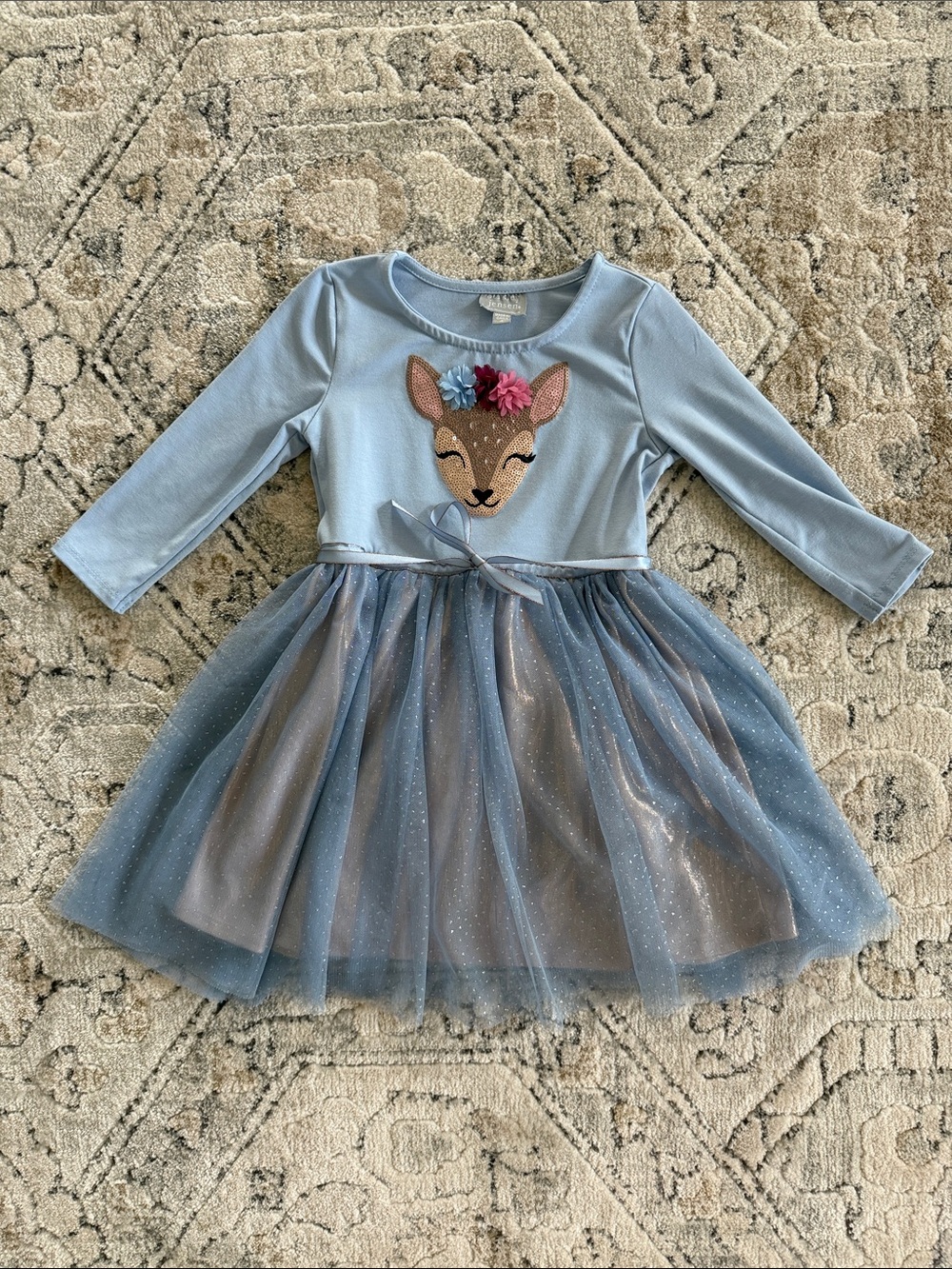 Blue Tulle Deer Appliqué Dress with Floral Accents 4T